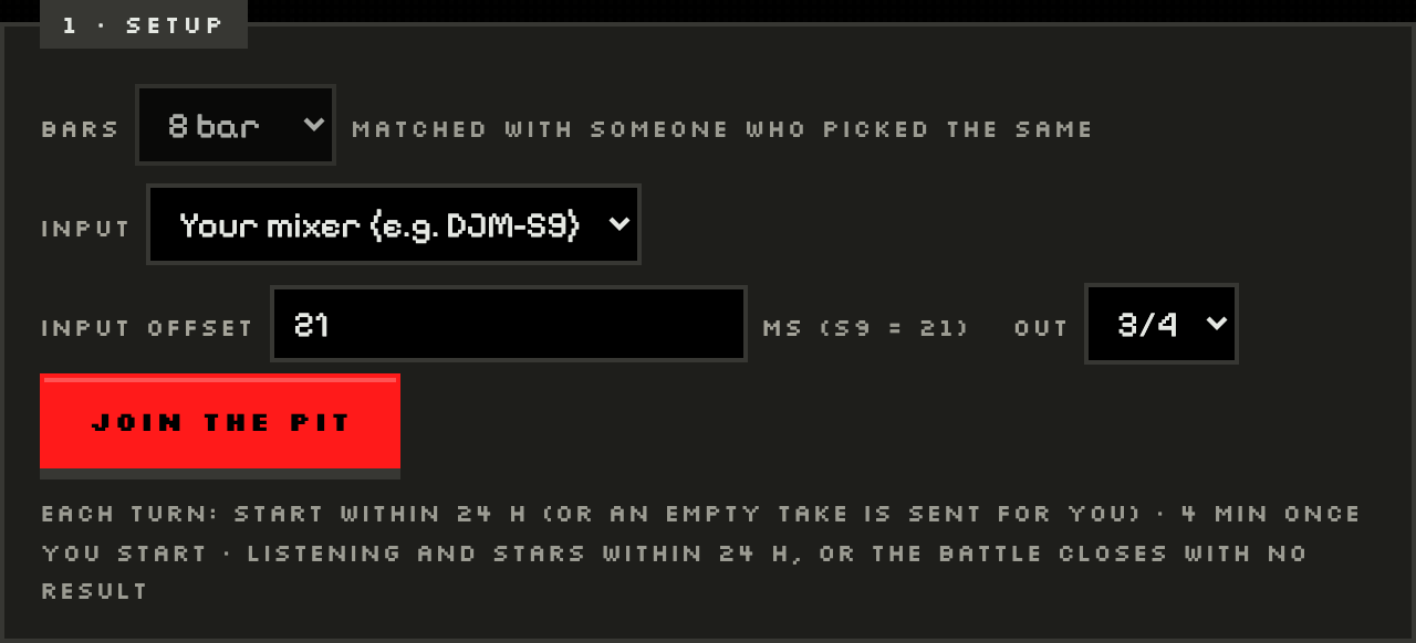 The Pit setup screen with bars, input, input offset and the JOIN THE PIT button