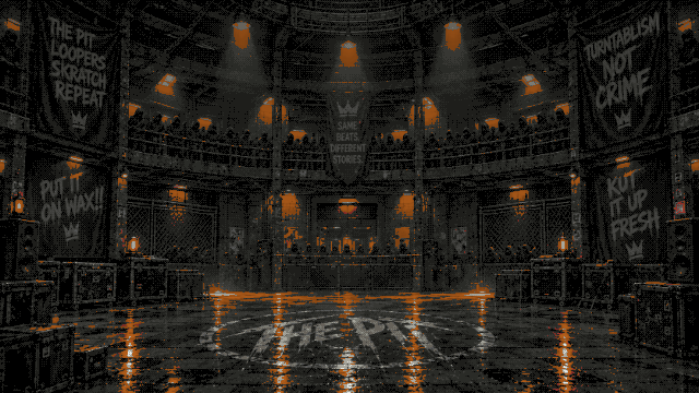 The Pit: the room where two hoods battle, with speakers, record crates and records on the floor